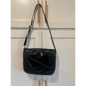 Vintage Black Patent Leather Shoulder Bag Purse Flap Gold Buckle Genesis